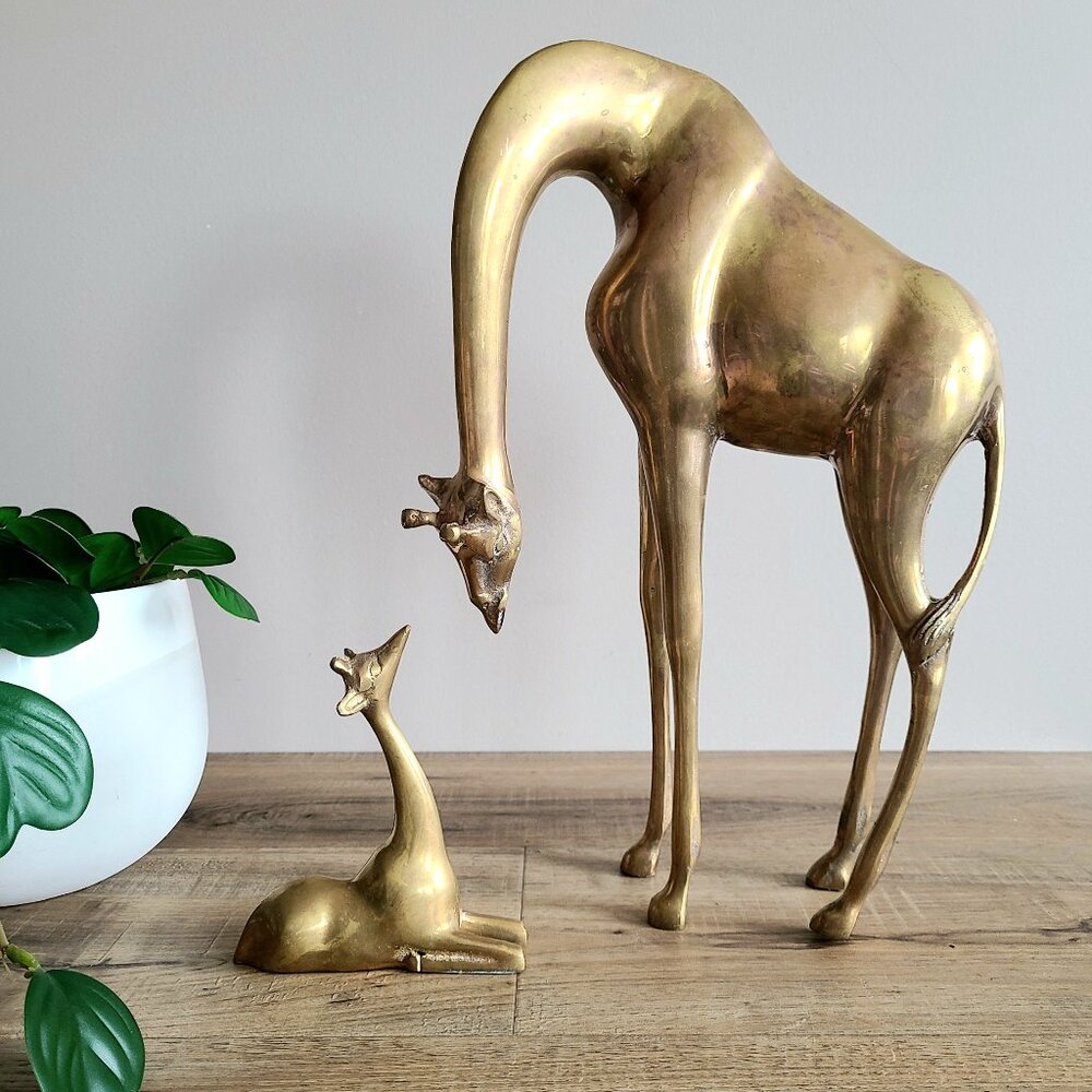 Vintage midcentury brass giraffes figurines. MC brass. 14 3/4'' tall.